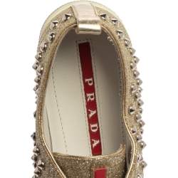 Pre Owned Prada Metallic Silver Glitter Stud Low Top Sneakers Size 35