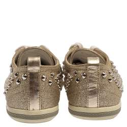 Pre Owned Prada Metallic Silver Glitter Stud Low Top Sneakers Size 35