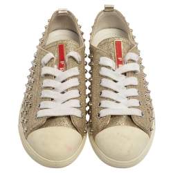 Pre Owned Prada Metallic Silver Glitter Stud Low Top Sneakers Size 35