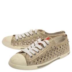 Pre Owned Prada Metallic Silver Glitter Stud Low Top Sneakers Size 35