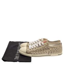Pre Owned Prada Metallic Silver Glitter Stud Low Top Sneakers Size 35