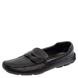 Prada Blue Perforated Leather Slip On Loafers Size 45.5