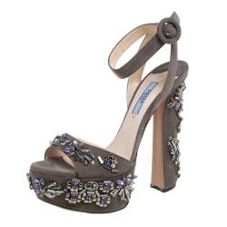 Prada Grey Suede Embellished Ankle Strap Platform Sandals Size 36