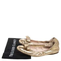Prada Gold Python Embossed Leather Scrunch Bow Ballet Flats Size 41