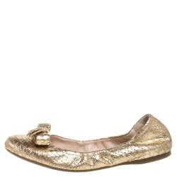 Prada Gold Python Embossed Leather Scrunch Bow Ballet Flats Size 41