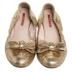 Prada Gold Python Embossed Leather Scrunch Bow Ballet Flats Size 41