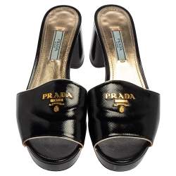 Prada Black Saffiano Patent Leather Block Heel Sandals Size 38