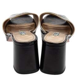 Prada Black Saffiano Patent Leather Block Heel Sandals Size 38