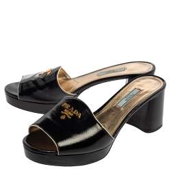Prada Black Saffiano Patent Leather Block Heel Sandals Size 38