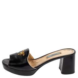 Prada Black Saffiano Patent Leather Block Heel Sandals Size 38