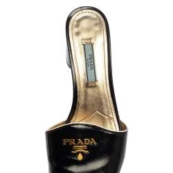 Prada Black Saffiano Patent Leather Block Heel Sandals Size 38