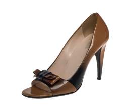 Pre Owned Prada Two Tone Patent Leather Bow Open Toe Pumps Size 37.5