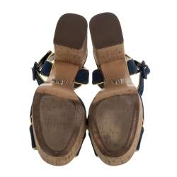 Pre Owned Prada Blue/Gold Suede And Leather Platform Sandals Size 36.5