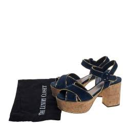 Pre Owned Prada Blue/Gold Suede And Leather Platform Sandals Size 36.5