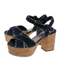Pre Owned Prada Blue/Gold Suede And Leather Platform Sandals Size 36.5
