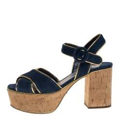 Pre Owned Prada Blue/Gold Suede And Leather Platform Sandals Size 36.5