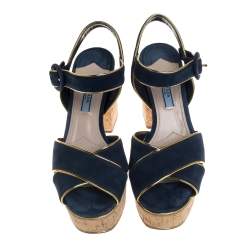 Pre Owned Prada Blue/Gold Suede And Leather Platform Sandals Size 36.5