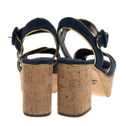 Pre Owned Prada Blue/Gold Suede And Leather Platform Sandals Size 36.5