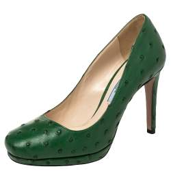 مملوكة مسبقًا Prada Green Ostrich Leather Round Toe Pumps Size 36