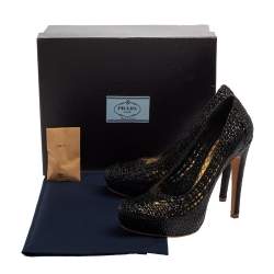 Pre Owned Prada Black Woven Leather Madras Platform Pumps Size 40