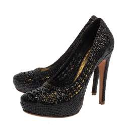 Pre Owned Prada Black Woven Leather Madras Platform Pumps Size 40