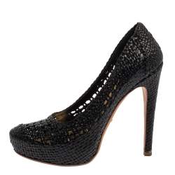 Pre Owned Prada Black Woven Leather Madras Platform Pumps Size 40