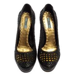 Pre Owned Prada Black Woven Leather Madras Platform Pumps Size 40