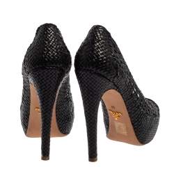 Pre Owned Prada Black Woven Leather Madras Platform Pumps Size 40