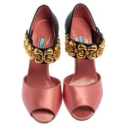 Prada Pink/Black Satin Embellished Mary Jane Open Toe Sandals Size 38