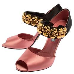 Prada Pink/Black Satin Embellished Mary Jane Open Toe Sandals Size 38