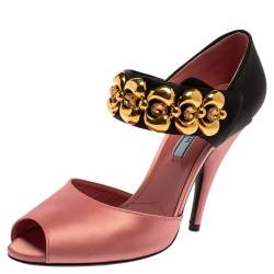 Prada Pink/Black Satin Embellished Mary Jane Open Toe Sandals Size 38