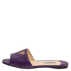 Pre Owned  Prada Purple Saffiano Leather Logo Embellished Flat Slides Size 38.5