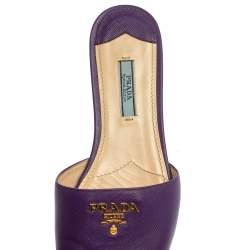 Pre Owned  Prada Purple Saffiano Leather Logo Embellished Flat Slides Size 38.5
