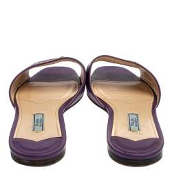 Pre Owned  Prada Purple Saffiano Leather Logo Embellished Flat Slides Size 38.5