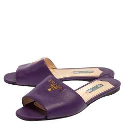 Pre Owned  Prada Purple Saffiano Leather Logo Embellished Flat Slides Size 38.5