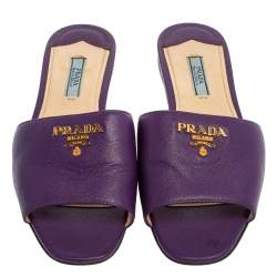 Pre Owned  Prada Purple Saffiano Leather Logo Embellished Flat Slides Size 38.5
