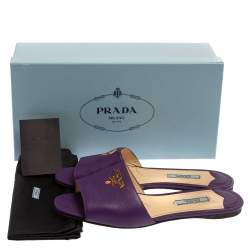 Pre Owned  Prada Purple Saffiano Leather Logo Embellished Flat Slides Size 38.5