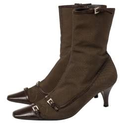 Pre Owned Prada Brown Fabric And Leather Buckle Detail Mid Heel Ankle Boots Size 40