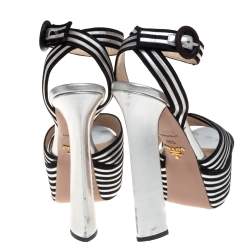 مملوكة مسبقًا Prada Silver/Black Leather And Suede Block Heel Platform Ankle Strap Sandals Size 35.5