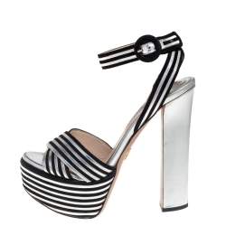 مملوكة مسبقًا Prada Silver/Black Leather And Suede Block Heel Platform Ankle Strap Sandals Size 35.5