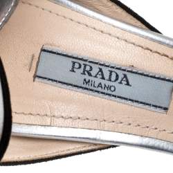 مملوكة مسبقًا Prada Silver/Black Leather And Suede Block Heel Platform Ankle Strap Sandals Size 35.5
