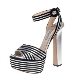 مملوكة مسبقًا Prada Silver/Black Leather And Suede Block Heel Platform Ankle Strap Sandals Size 35.5