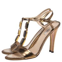 Pre Owned Prada Metallic Bronze Leather Crystal Embellished T Strap Sandals Size 39.5