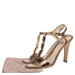 Pre Owned Prada Metallic Bronze Leather Crystal Embellished T Strap Sandals Size 39.5