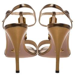 Pre Owned Prada Metallic Bronze Leather Crystal Embellished T Strap Sandals Size 39.5