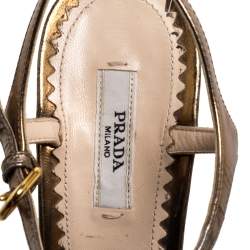 Pre Owned Prada Metallic Bronze Leather Crystal Embellished T Strap Sandals Size 39.5