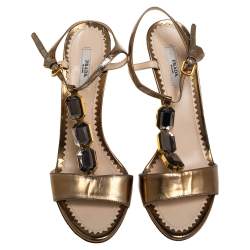 Pre Owned Prada Metallic Bronze Leather Crystal Embellished T Strap Sandals Size 39.5