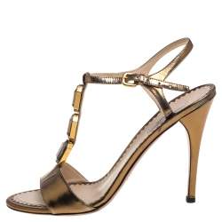 Pre Owned Prada Metallic Bronze Leather Crystal Embellished T Strap Sandals Size 39.5