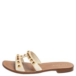 Pre Owned Prada White Patent Leather Studded Flats Size 38