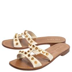 Pre Owned Prada White Patent Leather Studded Flats Size 38